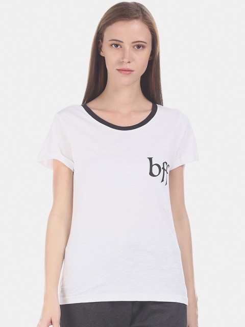 

Sugr Women White Printed Round Neck T-shirt