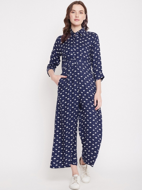 

Femella Women Navy Blue & White Bird Print Basic Jumpsuit