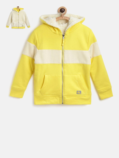 

Cherry Crumble Boys Yellow & Cream-Coloured Solid Reversible Hooded Sweatshirt