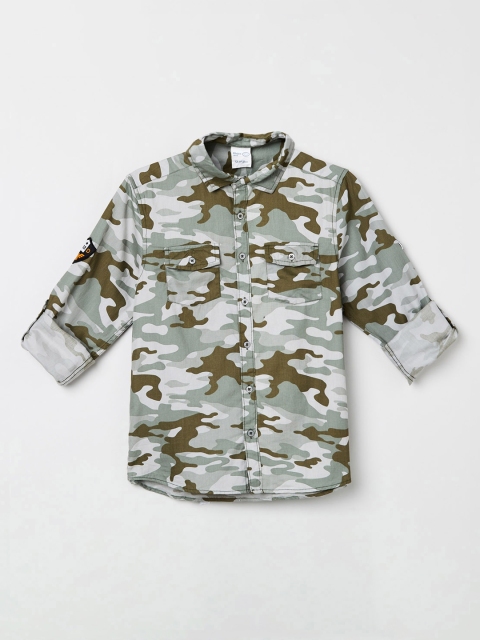 

max Boys Olive Green & White Regular Fit Camouflage Printed Casual Shirt