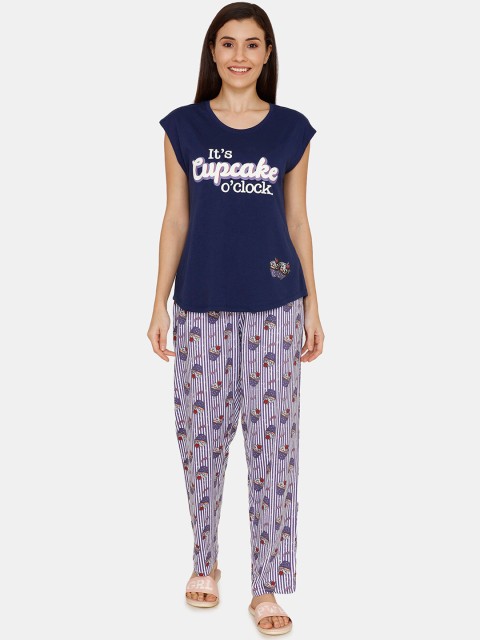 

Zivame Women Navy Blue & Purple Printed Night Suit