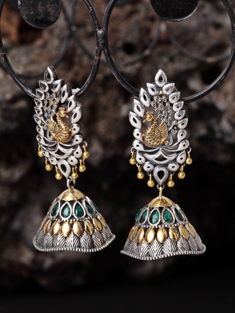 

Melani Borsa Silver-Toned & Gold-Toned Peacock Shaped Jhumkas