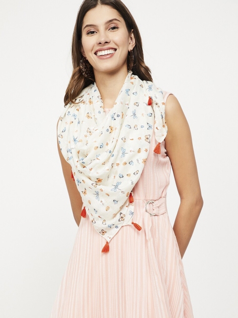 

Ginger by Lifestyle Women Cream-Coloured & Blue Floral Print Stole