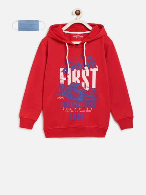

Lil Tomatoes Boys Red Printed Fleece Hooded Sweatshirt