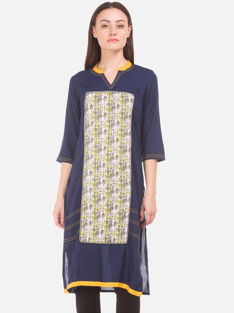 

Karigari Women Navy Blue & Off-White Colourblocked Straight Kurta