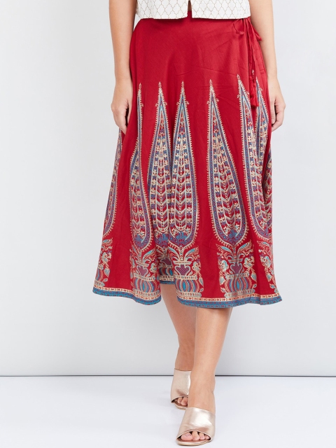 

max Women Red & White Printed Tassel Tie-Up Midi Flared Skirt