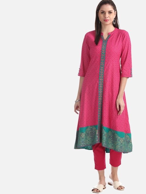 

Karigari Women Pink & Sea Green Printed A-Line Kurta