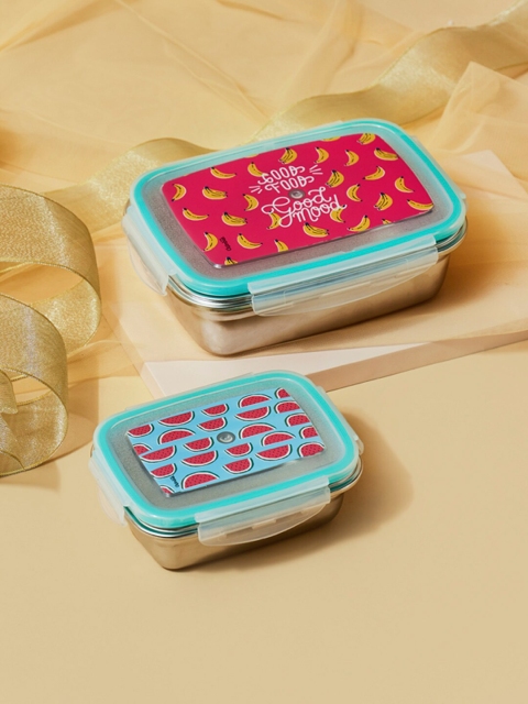 

Chumbak Set Of 2 Blue & Pink Printed Stainless Steel Lunch Boxes
