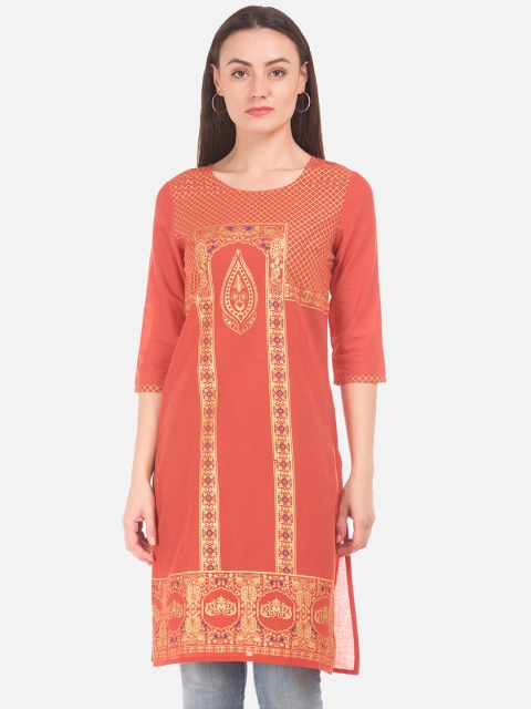 

Karigari Women Orange & Gold-Toned Printed Straight Kurta