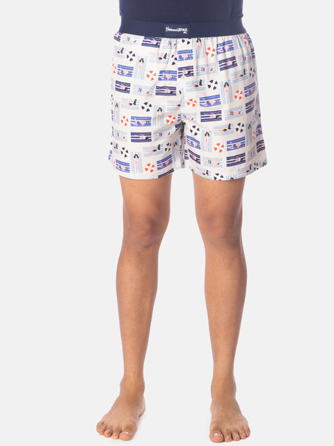 

Smugglerz Men Beige & Blue Printed Pure Cotton Boxers BEACH-BXR-BEIGE-S
