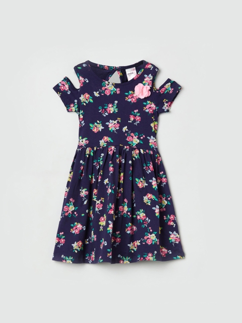 

max Girls Navy Blue Floral Printed Fit and Flare Dress