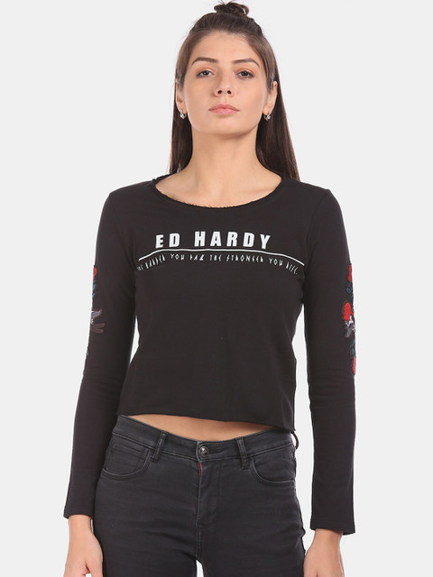 

Ed Hardy Women Black Printed Round Neck T-shirt