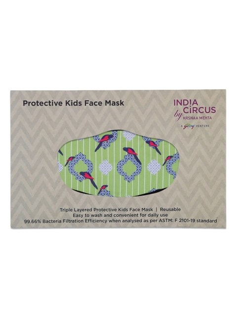 

India Circus by Krsnaa Mehta Kids Lime Green & Blue Peeking Parrots Printed 3-Ply Big Protective Outdoor Face Mask