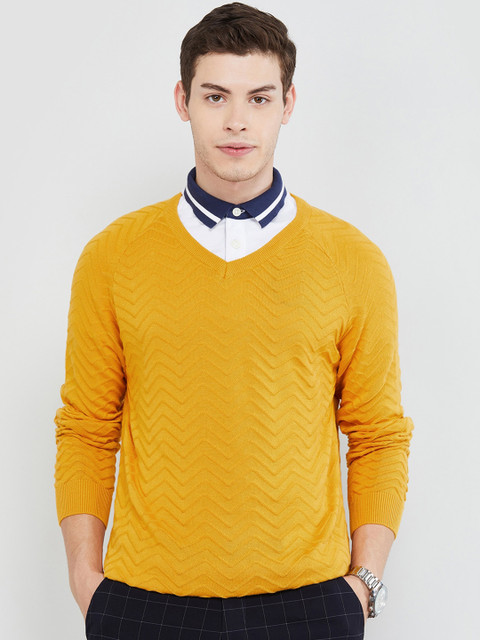 

max Men Yellow Self Design Pullover Sweater