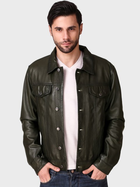 

echt Men Olive Green Solid Leather Jacket