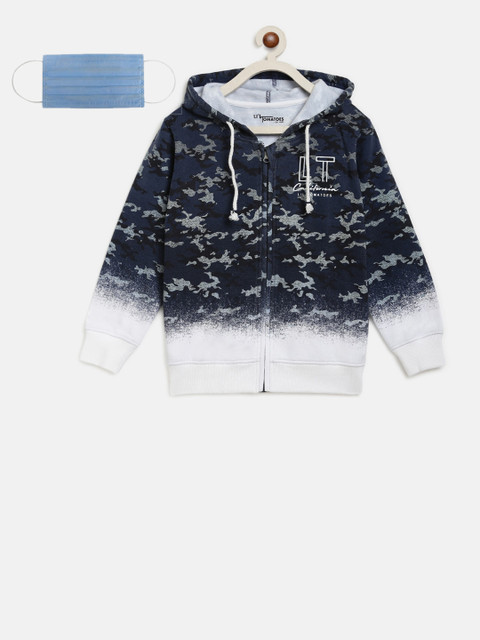 

Lil Tomatoes Boys Navy Blue & Off-White Printed Hooded Sweatshirt