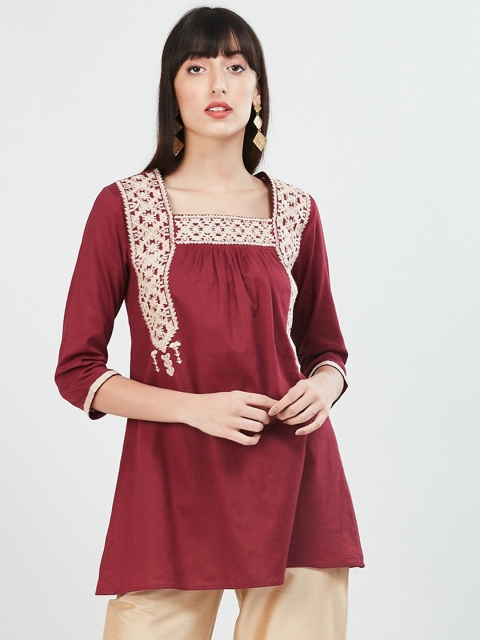 

MAX Women Maroon Embroidered Self Design Tunic