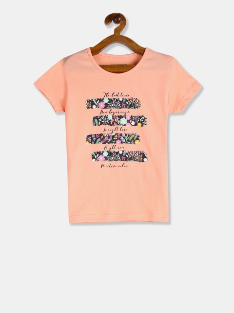 

Cherokee Girls Peach-Coloured Printed Round Neck T-shirt