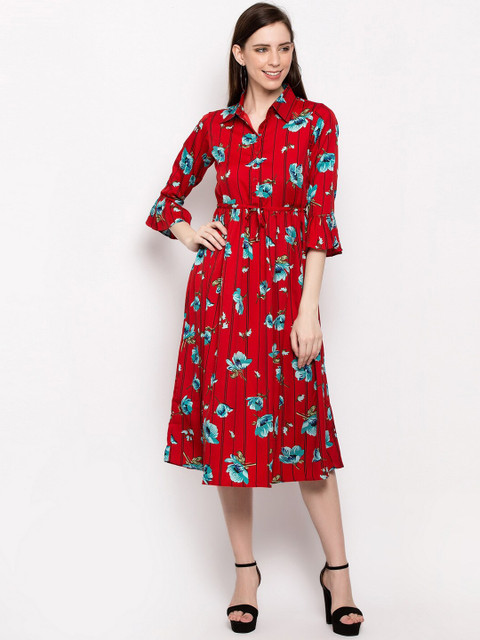 

Slenor Women Red Printed Shirt Dress