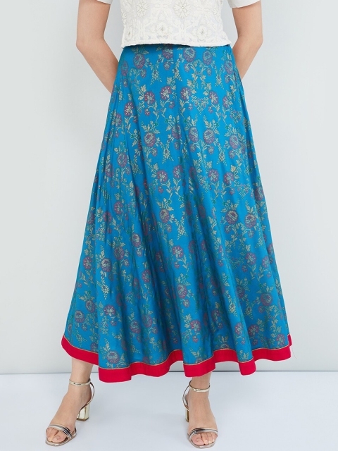 max Women Blue Floral Printed Midi Flared Skirt