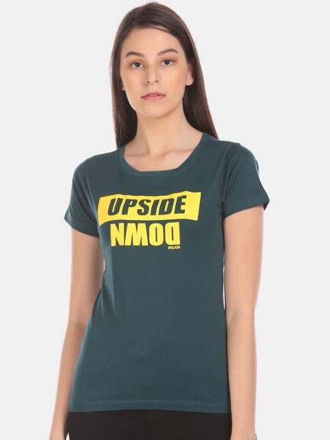 

Sugr Women Green & Yellow Printed Round Neck T-shirt