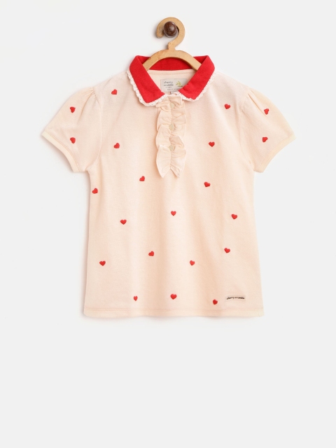 

Cherry Crumble Girls Peach-Coloured & Red Hearty Polo Collar T-shirt