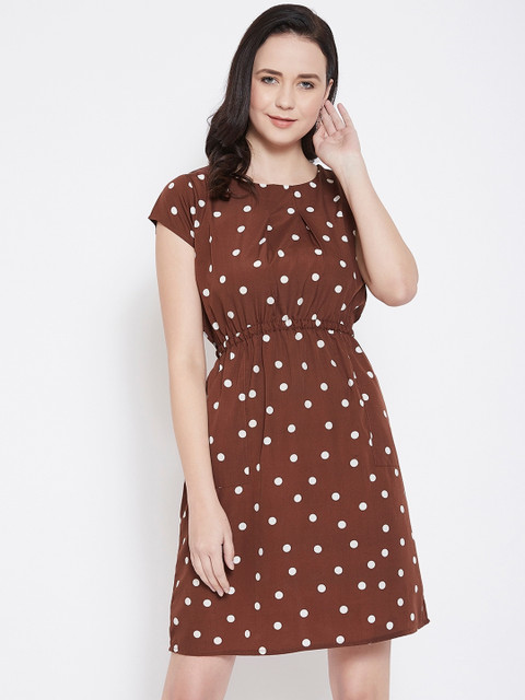 

Ruhaans Women Brown & White Printed Fit and Flare Dress