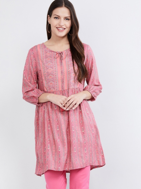 

MAX Peach-Coloured Printed Tie-Up Neck Tunic