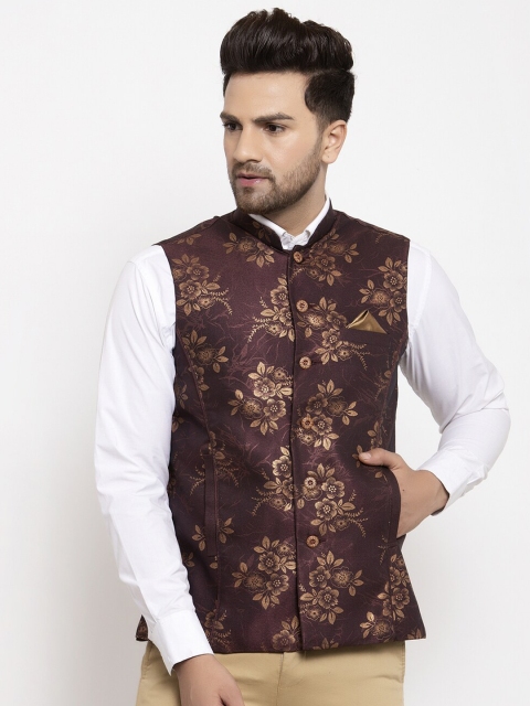

KLOTTHE Men Maroon & Gold-Coloured Printed Nehru Jacket