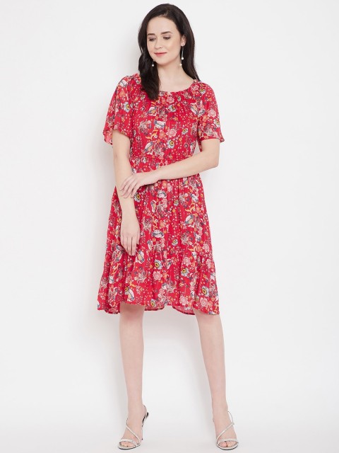 

Ruhaans Women Red & Off-White Floral Printed Fit and Flare Dress