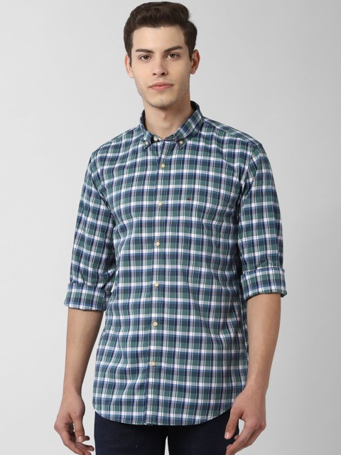 

Peter England Casuals Men Blue & Green Regular Fit Checked Casual Shirt