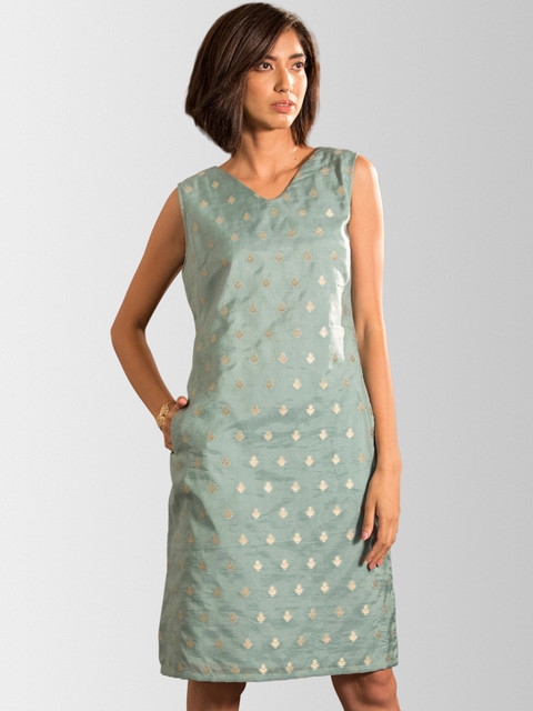 

FableStreet Women Green & Gold Self Design Sheath Dress