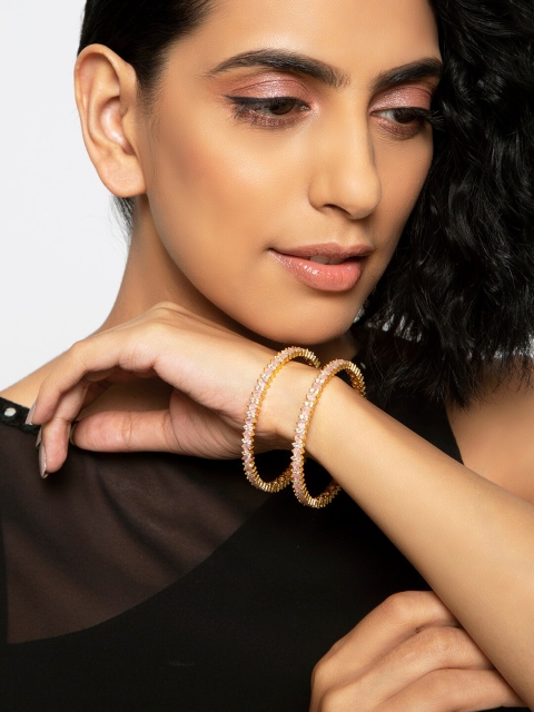 

INDYA Set Of 2 Gold-Plated Pink Crystal-Studded Bangles