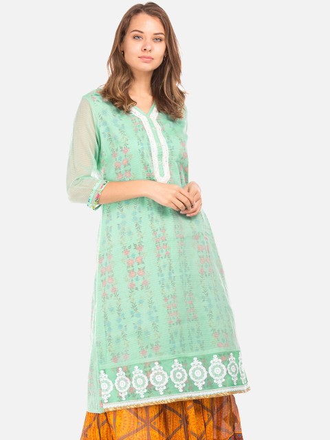 

Karigari Women Teal Embroidered A-Line Kurta