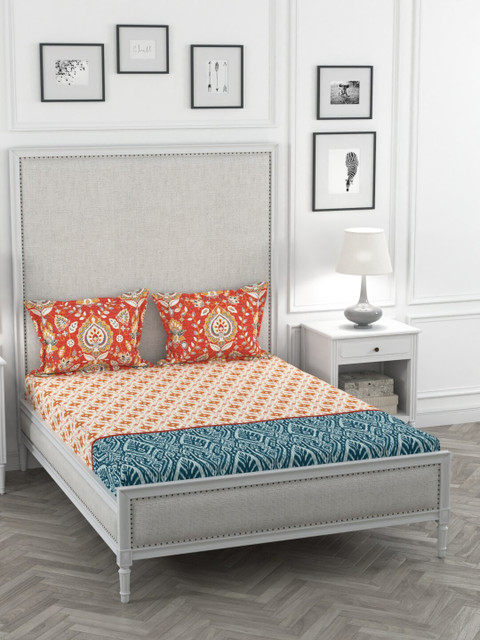 

Portico New York White & Orange Ethnic Motifs 144 TC Cotton 1 King Bedsheet with 2 Pillow Covers