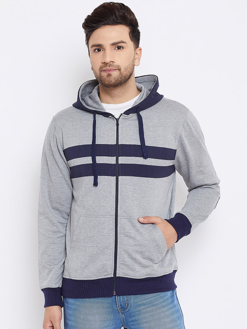 

Austin wood Men Grey & Navy Blue Striped Hooded Sweatshirt