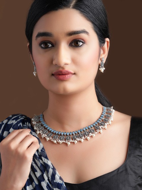 

Rubans Silver Plated Handcrafted Oxidised Sky Blue With White Pearls Necklace Set