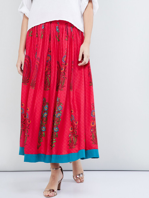 

max Women Pink & Blue Floral Printed Midi Skirt