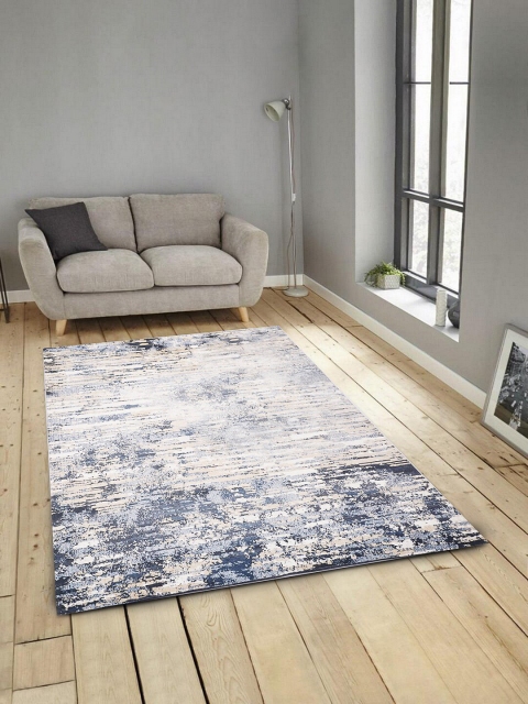 

ROMEE Blue & Beige Abstract Printed Anti-Skid Carpet