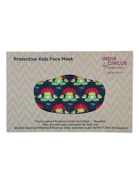

India Circus by Krsnaa Mehta Kids Green & Blue Lotus Toad Printed 3-Ply Small Protective Outdoor Face Mask