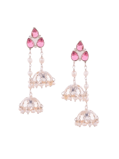 

Silvermerc Designs Pink Silver-Plated Handcrafted Classic Jhumkas