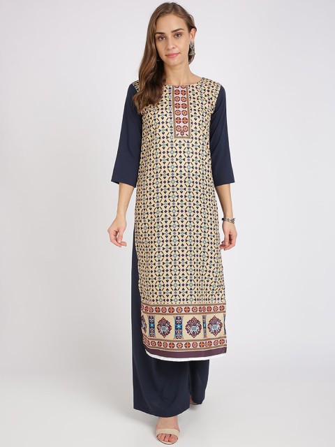 

Florence Women Navy Blue & Cream-Coloured Printed Straight Kurta