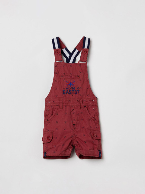 

max Boys Rust-Red Printed Slim-Fit Denim Dungarees
