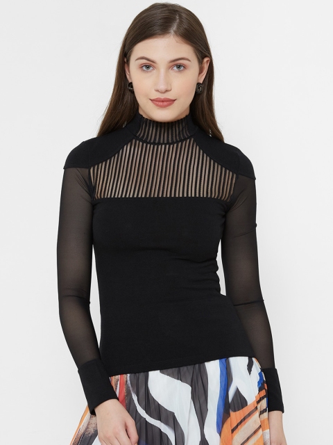 

bebe Women Black Solid Fitted Mesh Yoke Top