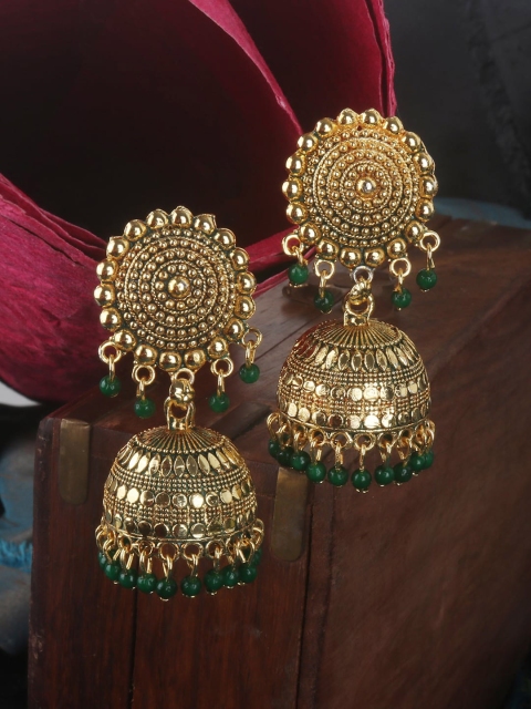 

ANIKAS CREATION Gold-Plated & Green Dome Shaped Jhumkas