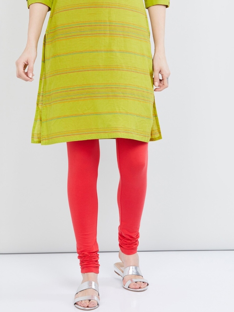

max Women Coral-Red Solid Churidar-Length Leggings