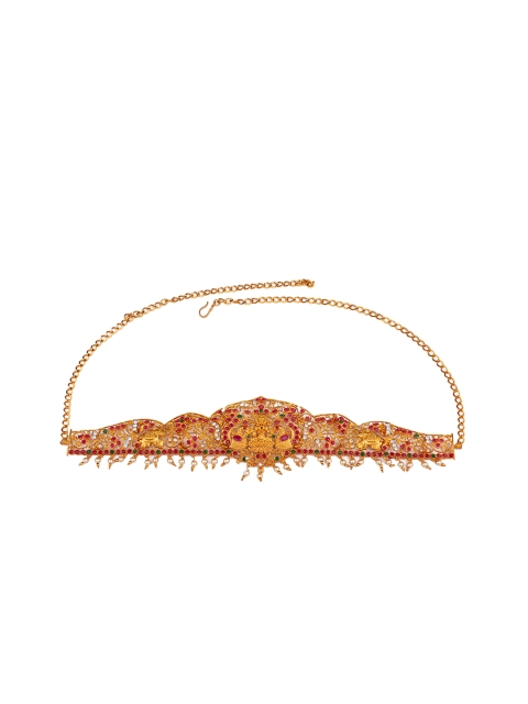 

Alankruthi Gold-Plated Pink & Green Stone-Studded Goddess Laxmi Temple Kamarbandh