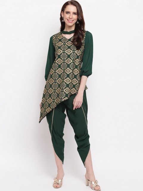 

RIVI Women Green & Gold-Toned Foil Printed Kurti with Dhoti Pants