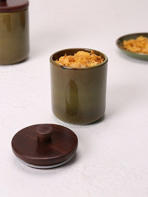 

ellementry Green & Brown Dishwasher Safe Rustic Sage Ceramic Jar with Wooden Lid
