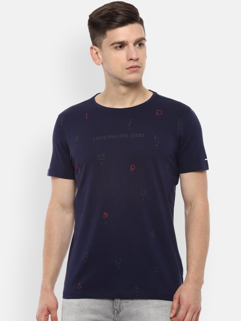 Louis Philippe Jeans Men Navy Blue Printed Round Neck T-shirt